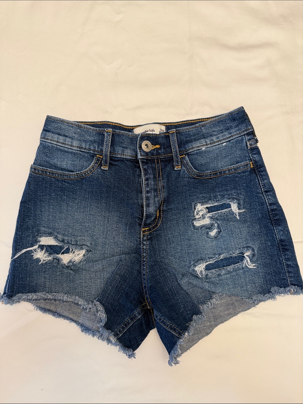 Girls Abercrombie Distressed Dark Blue high rise mini mom Denim Shorts